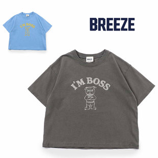 日本 BREEZE 2025夏儿童装卡通老板小熊烫金印花条纹宽松短袖T恤
