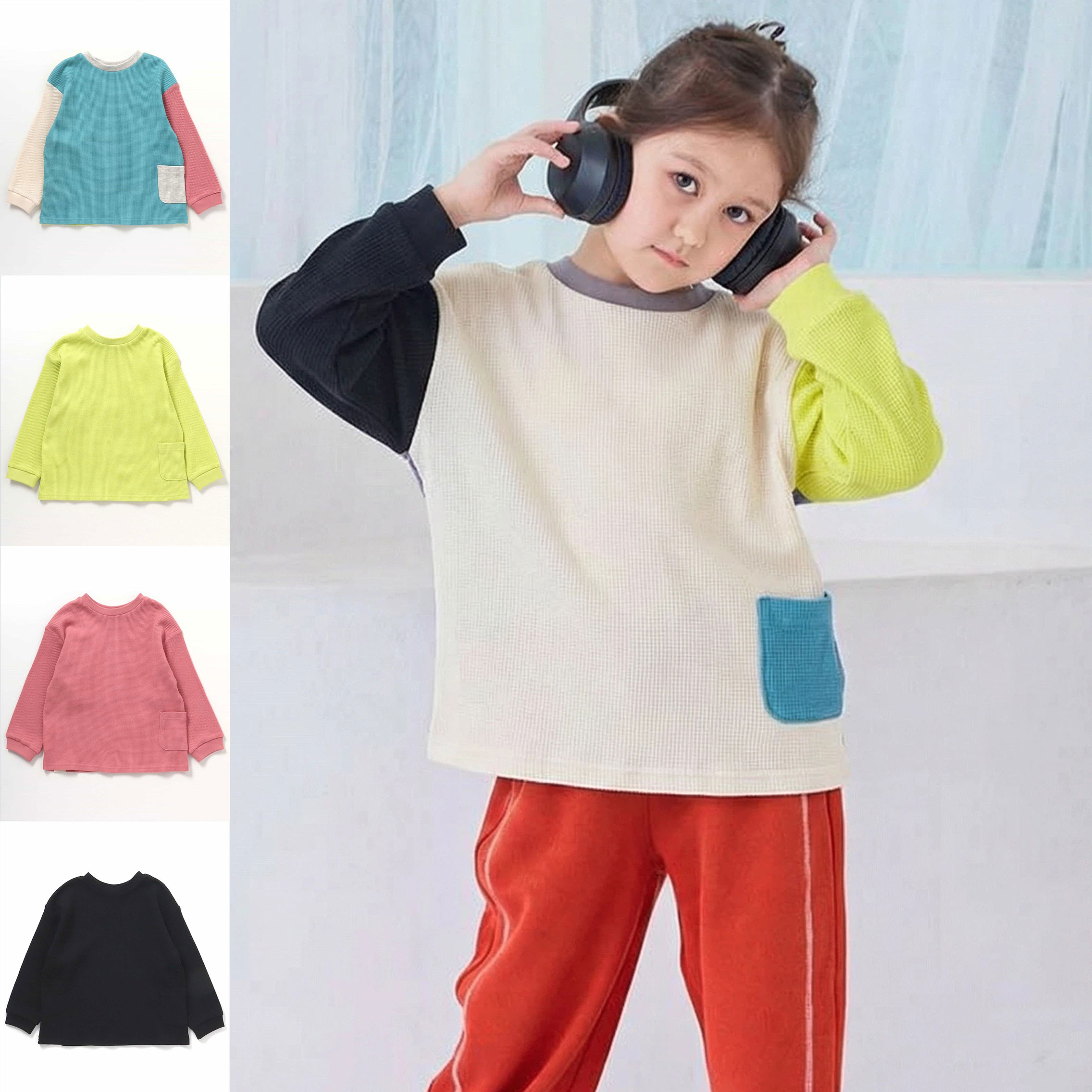 日本 BREEZE 2025春秋儿童两面穿华夫格拼色圆领口袋运动长袖T恤