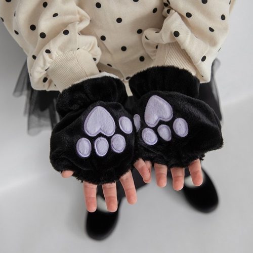 日本 branshes 2025冬儿童小熊掌爪印抓绒保暖漏手指五指分开手套