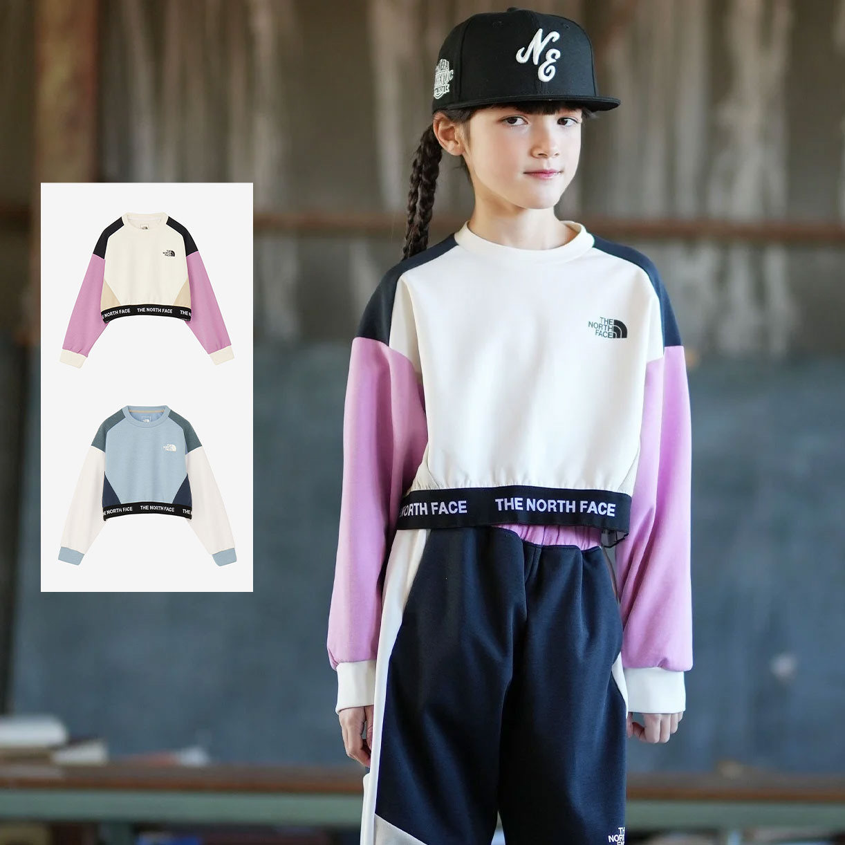 日本北面 the north face 2025冬儿童logo拼色圆领短款运动 卫衣