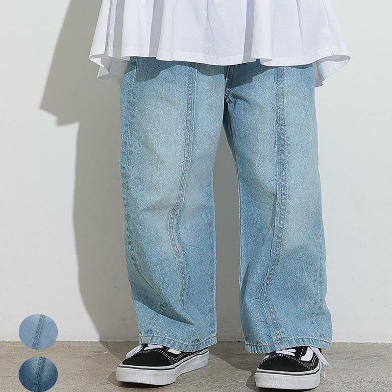 日本 MARKEYS 2025春儿童复古风磨白休闲宽松紧腰微阔腿裤牛仔裤