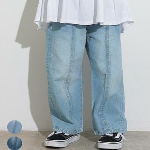 日本 MARKEYS 2025春儿童复古风磨白休闲宽松紧腰微阔腿裤牛仔裤