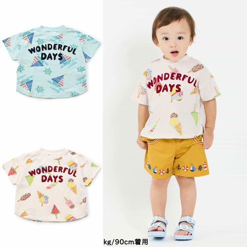 日本 BITZ 2025夏 儿童装卡通出海帆船冰激凌圆筒雪糕圆领短袖T恤