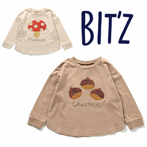 日本 BITZ 2025春秋儿童装刺绣卡通板栗蘑菇宽松纯棉圆领长袖T恤