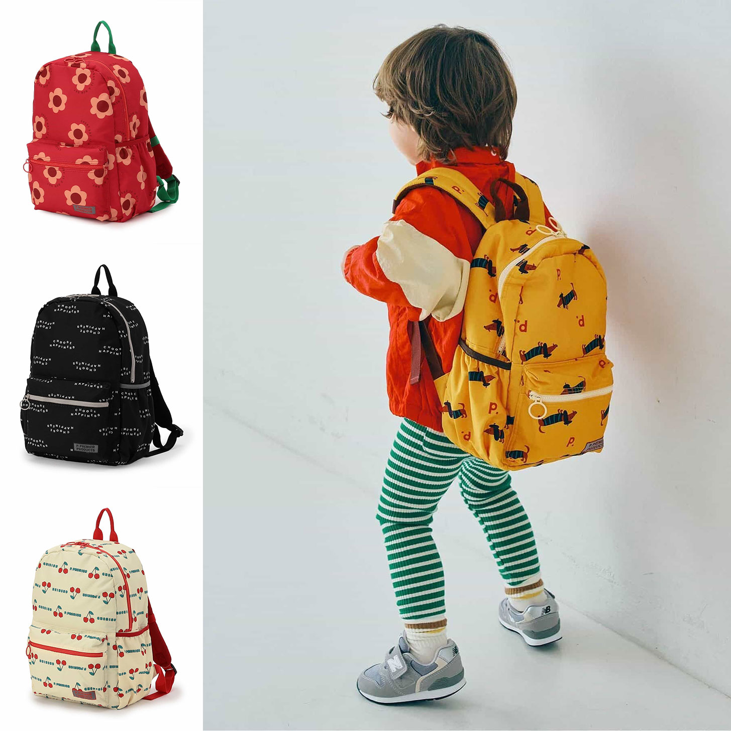 日本 p.premier 2026儿童包上学卡腊肠狗樱桃小花双肩背包书包13L
