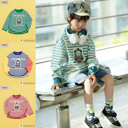 日本 BITZ 2026春秋儿童装卡通托马斯小火车彩色条纹圆领长袖T恤