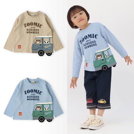 日本 zoomic 2025春秋儿童装卡通小熊猫司机校车纯棉运动长袖T恤
