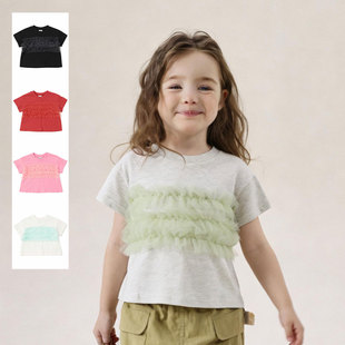 日本 BREEZE 20226春夏女童雪纺蕾丝百褶裹胸轻薄宽松圆领短袖T恤
