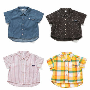 日本 apreslescours 2025夏儿童糖果格子牛仔色短袖翻领轻薄衬衫