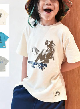 日本 FOKIDS 2026夏儿童装卡通恐龙霸王龙三角龙翼龙圆领短袖T恤