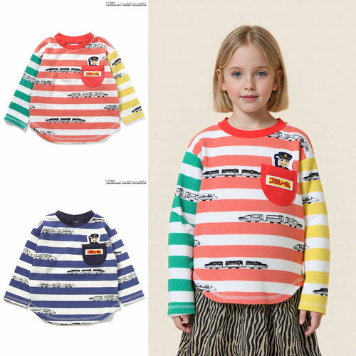 日本 BITZ 2025春秋儿童装彩色条纹新干线火车头拼色圆领长袖T恤