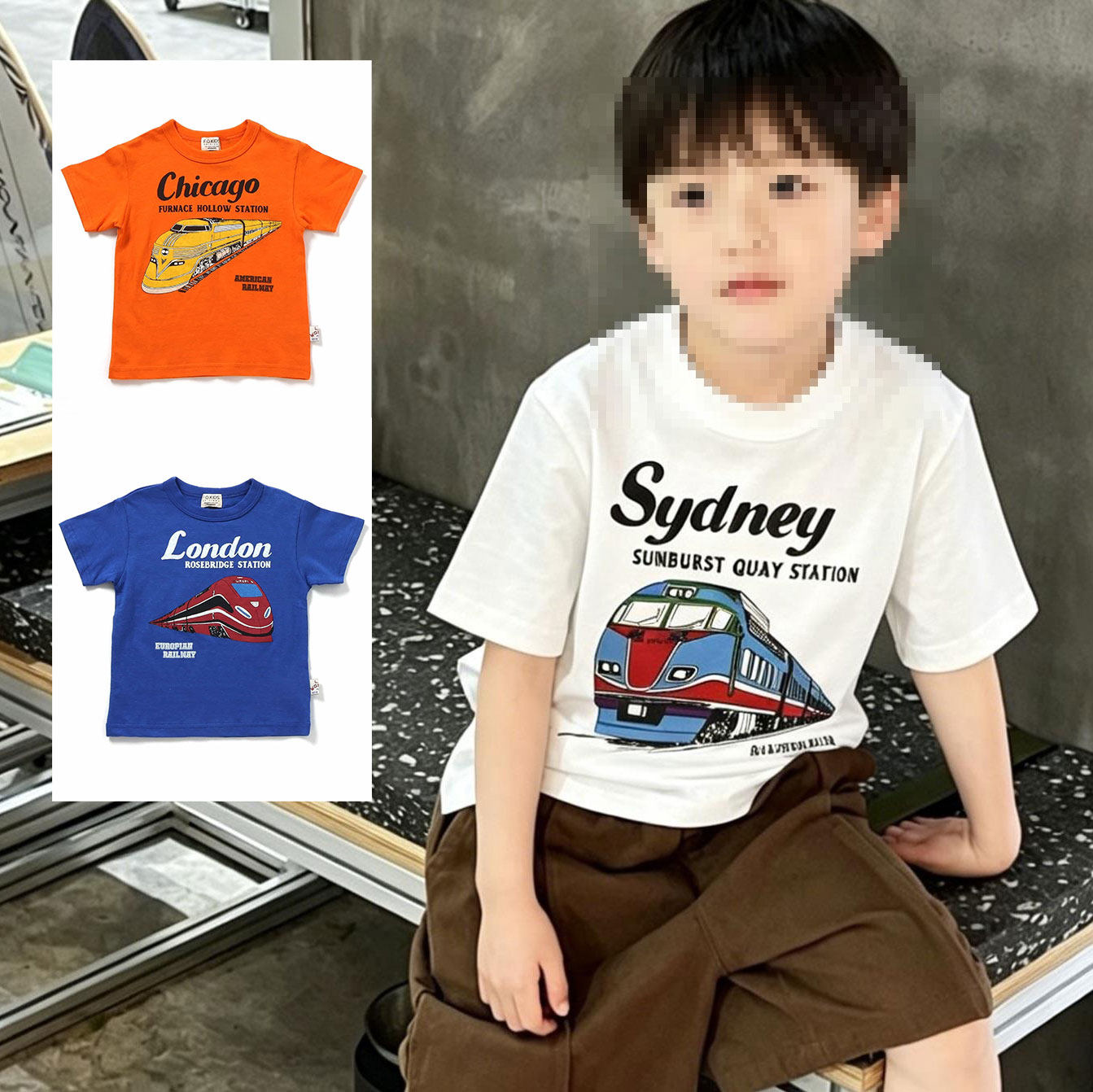 日本 F.O.KIDS 2026夏儿童装芝加哥悉尼伦敦火车印花圆领短袖T恤