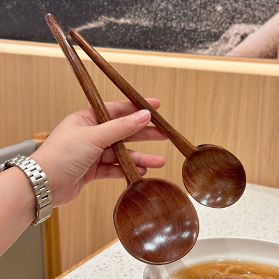 木质吃面汤勺！日式家用喝汤调羹长柄大号拉面原木头勺厨房饭勺子