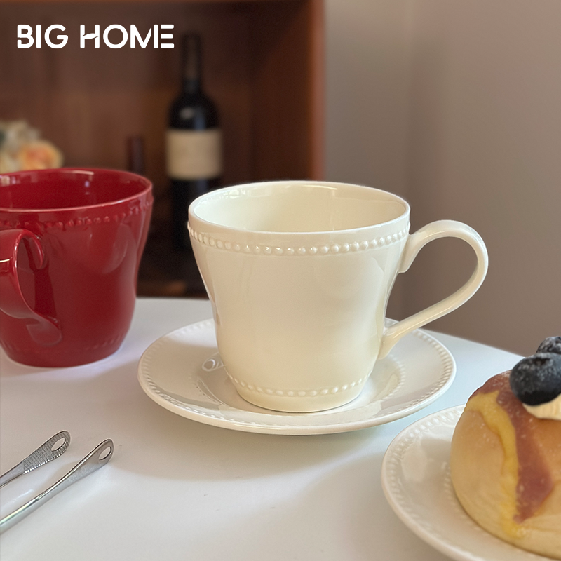 Bighome奶油白陶瓷杯碟！马克杯牛奶杯早餐杯6寸甜品盘下午茶杯子,餐饮具,咖啡杯,淘宝优惠券,粉丝福利购,淘宝优惠卷