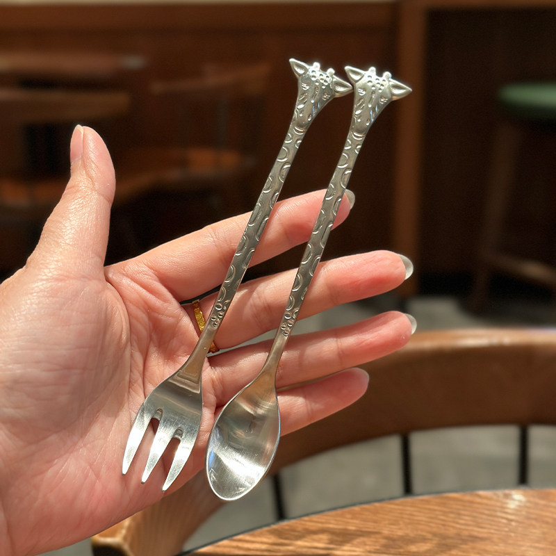 ins可爱~1810不锈钢甜品咖啡勺搅拌勺蛋糕点心水果叉月饼小叉子