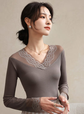 金色佳轩2023新款秋季女士打底上衣长袖秋衣薄款莫代尔螺纹棉毛衫