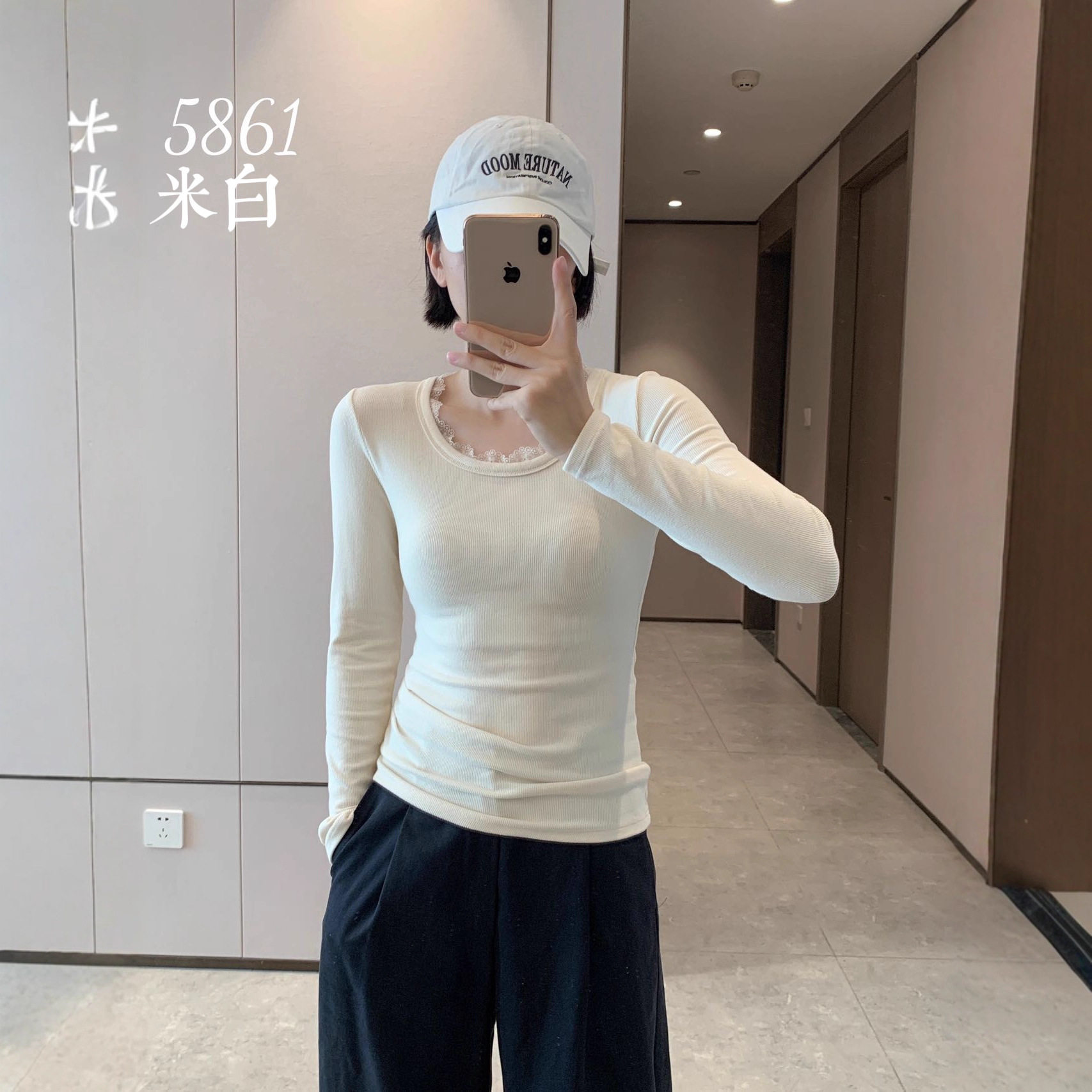好莱芬5861蕾丝圆领打底衫女2025秋季新款长袖T恤女性感打底上衣
