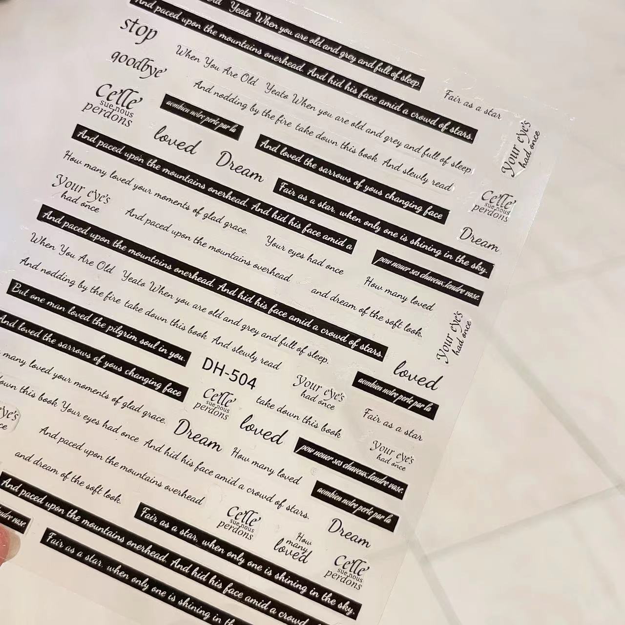 美甲英文字母句子贴纸白色神器蕾丝长条黑白时尚指尖贴花ins黑色