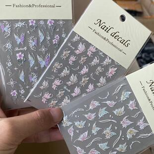 迷你白蝴蝶美甲浮雕贴纸5d背胶线条古风蝴蝶贝壳光春季 花 热卖