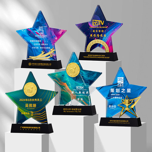 定制五角星水晶奖杯优秀员工新人团队年会颁奖金属奖牌订制新