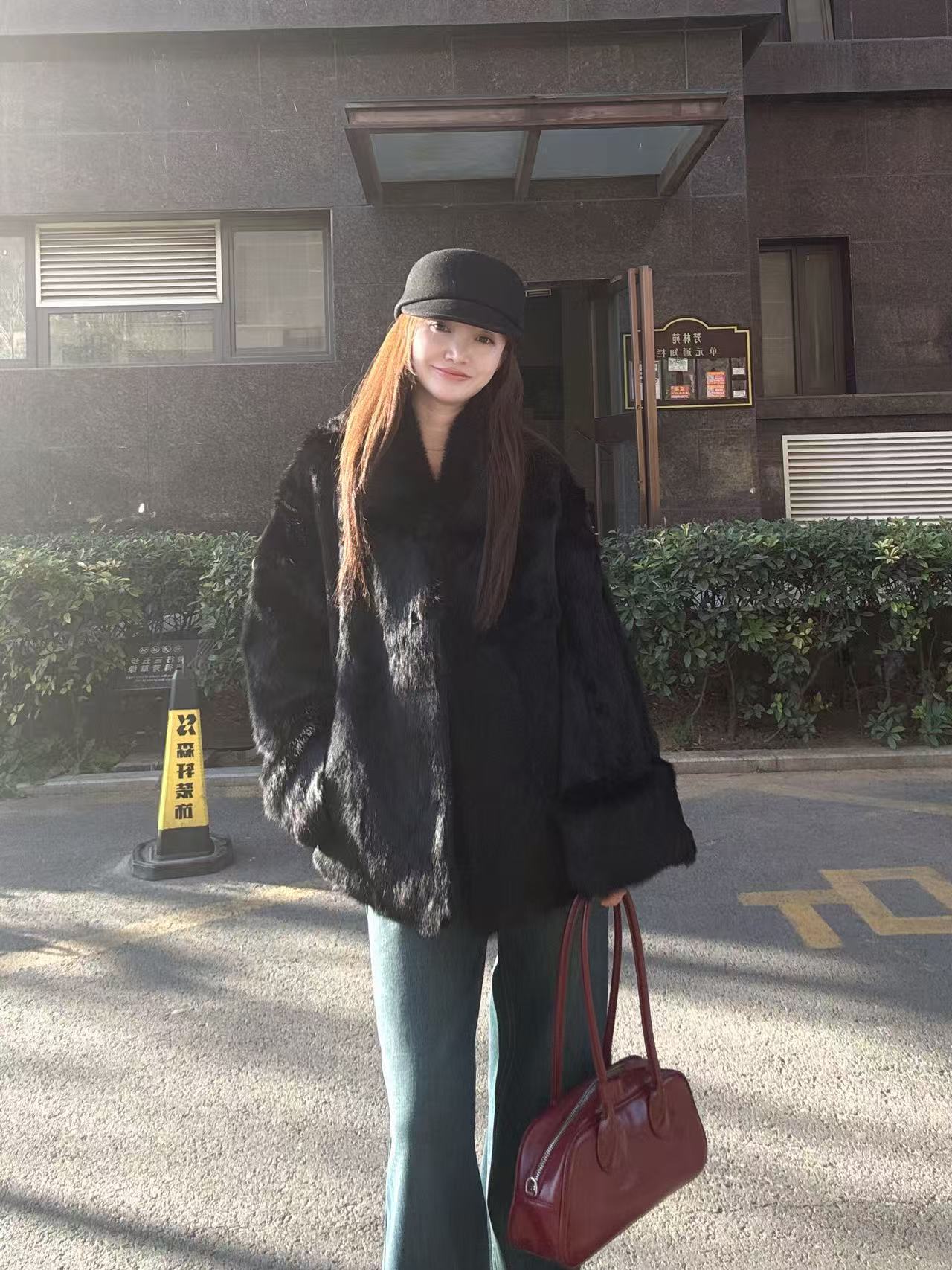 时尚简约韩版宽松宽松高级感立领真兔毛保暖皮草外套