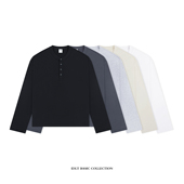 简约百搭打底衫 IDLT 休闲舒适 宽松T恤长袖 纽扣款 短宽亨利领 215g