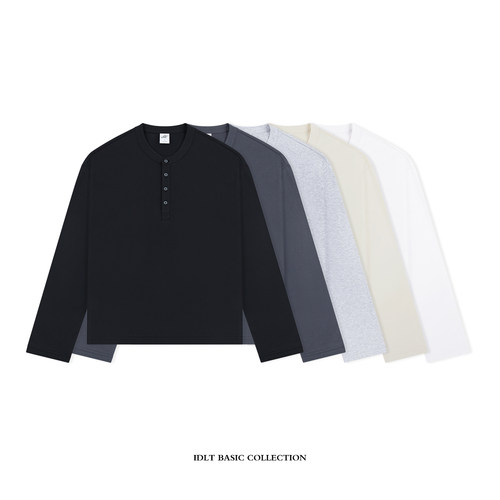 IDLT 短宽亨利领 215g 宽松T恤长袖纽扣款简约百搭打底衫休闲舒适