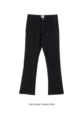 IDLT 修身喇叭牛仔裤 弹力工装拼接男女水洗黑色欧美高街潮ins