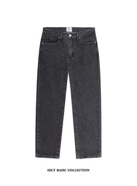 IDLT 新款 宽松九分炭灰色牛仔裤水洗灰黑牛磨边直筒潮男