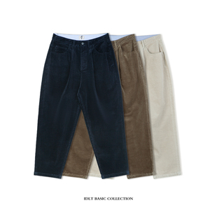 日系微弹 IDLT 宽松灯芯绒水洗休闲裤 复古 潮 单褶锥形阔腿窄口裤