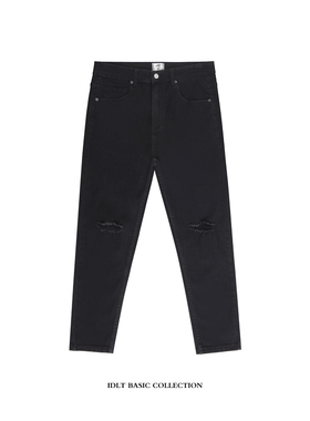 IDLT 弹力修身 SLIMFIT 高质黑色膝盖破洞割烂棉弹九分小脚牛仔裤