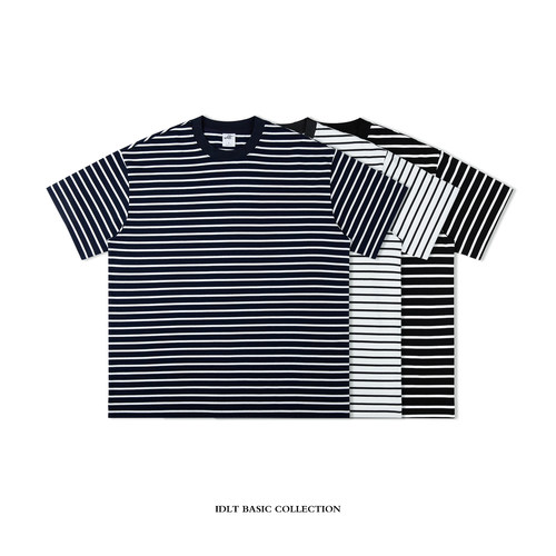IDLT 40支双纱棉240g 落肩宽松条纹短袖T恤休闲基础款百搭潮ins