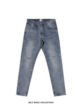 IDLT  原创水洗牛仔裤男 洗磨做旧蓝色割痕修身小直脚牛仔裤
