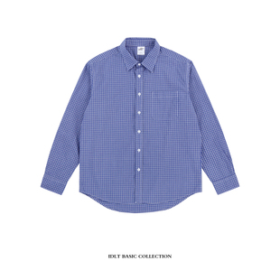 休闲街头百搭基础水洗棉Cleanfit 细蓝格子长袖 IDLT 正肩宽松衬衫