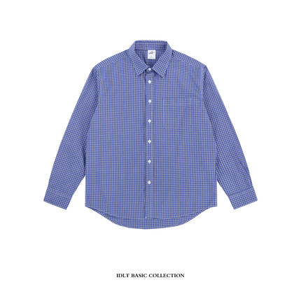 IDLT 正肩宽松衬衫 细蓝格子长袖休闲街头百搭基础水洗棉Cleanfit