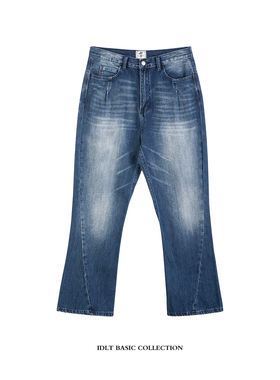 IDLT 宽松喇叭锥型立体拼接牛仔裤蓝色喇叭欧美高街廓形潮男女新