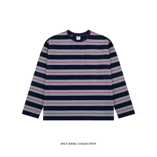 欧美T恤男日系休闲百搭潮 300g重磅纯棉口袋条纹长袖 IDLT 微宽松