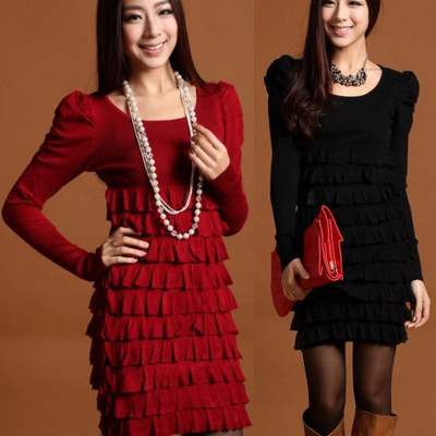 修身长打底毛衣层层纯色韩版蛋糕