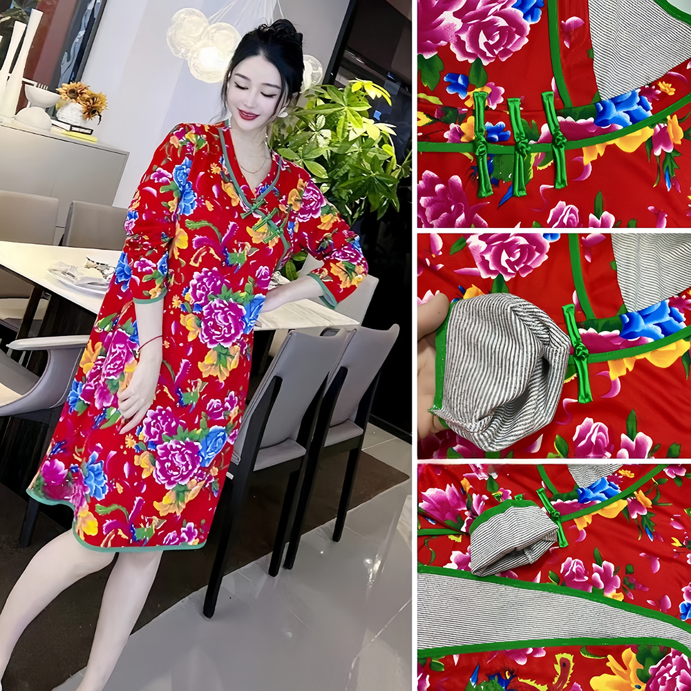 爆款睡衣女双面德绒长袖中国风盘扣睡裙V领东北大花连衣裙可外穿
