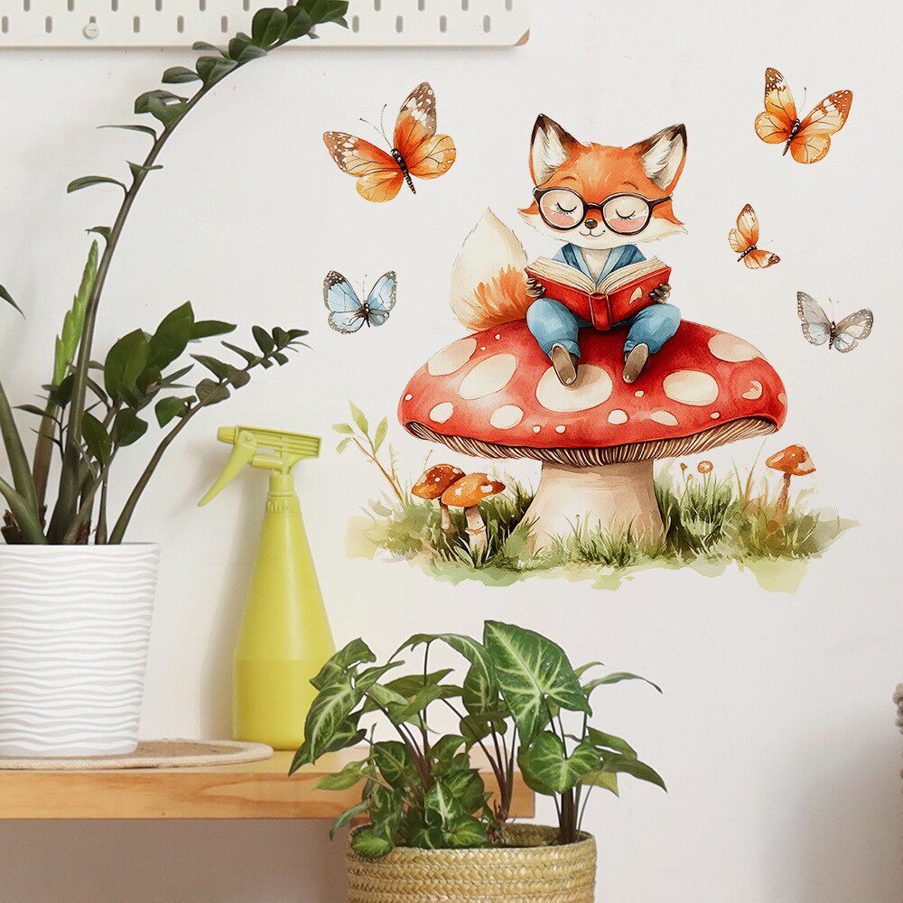 自粘墙贴纸卡通小狐狸看书蘑菇图案卧室客厅儿童房幼儿园背景装饰