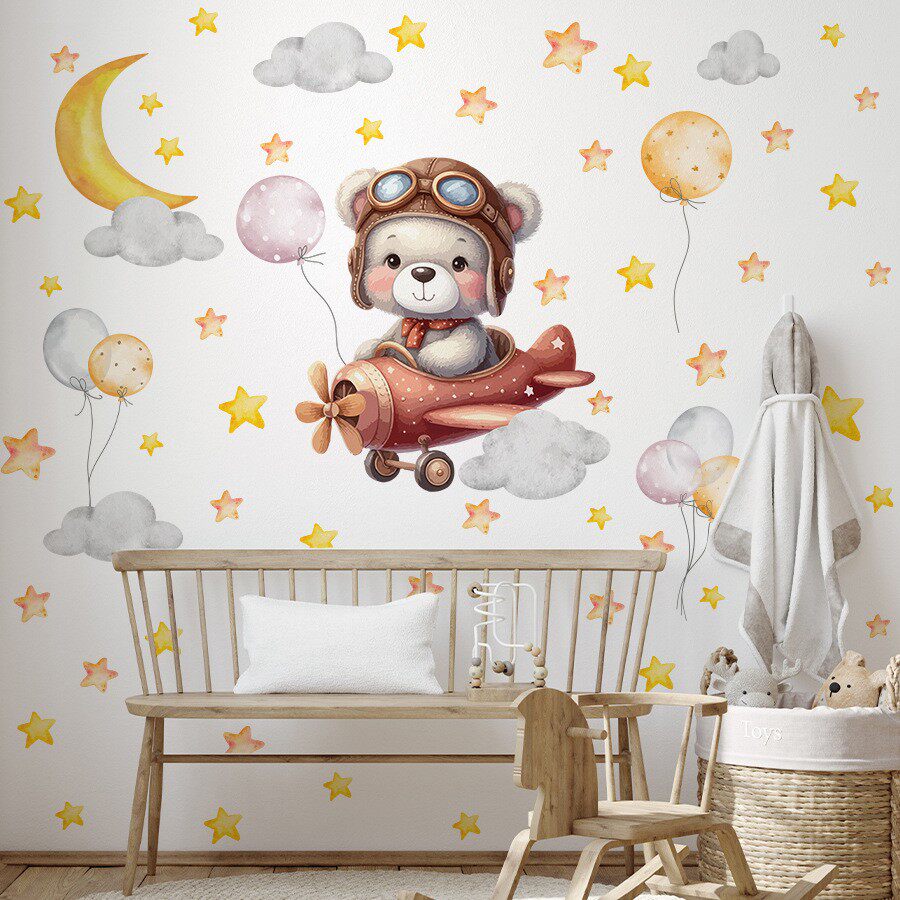 自粘半透墙贴纸卡通小熊飞机月亮星图案家居儿童房宿舍幼儿园装饰