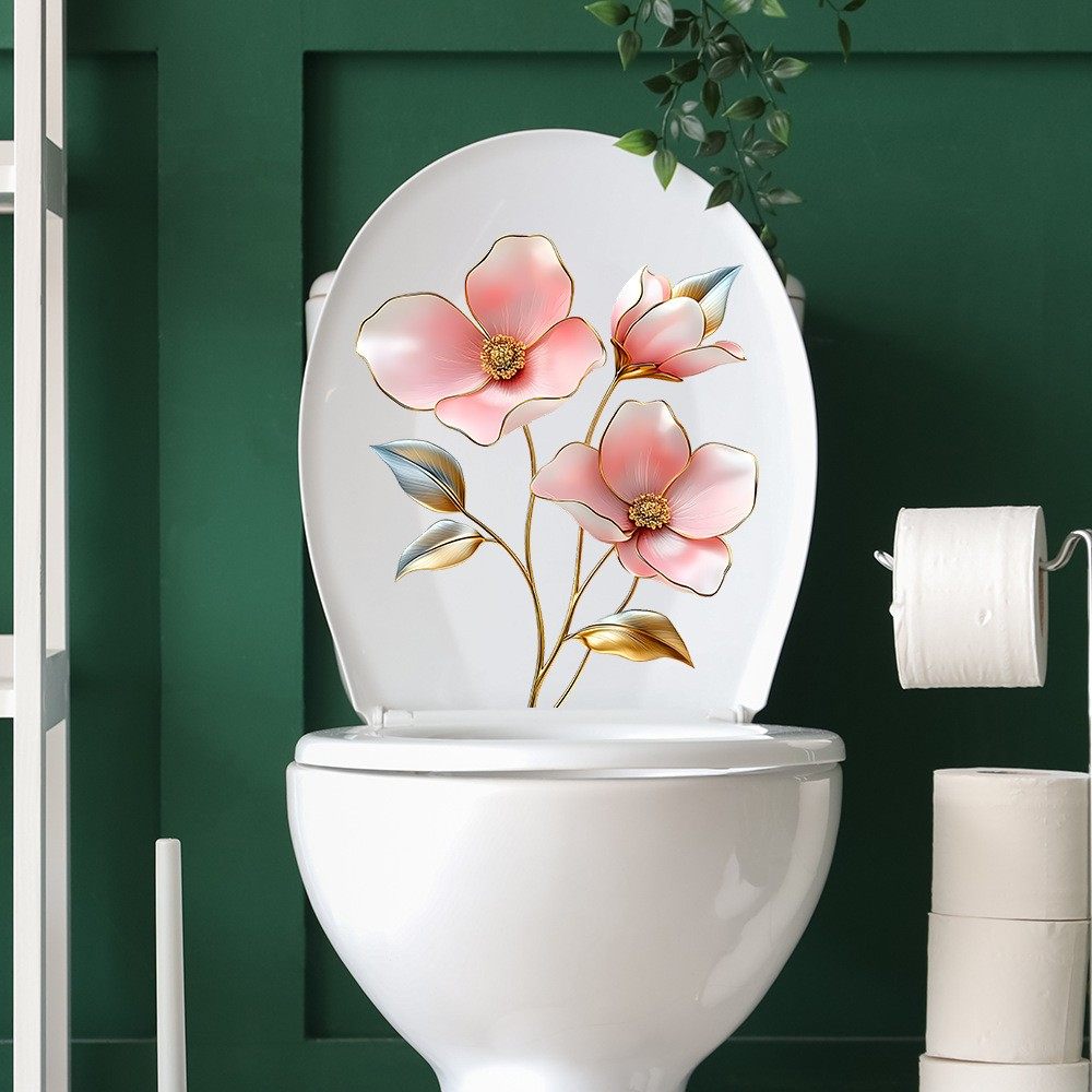 自粘马桶贴纸画防水掀盖贴卫生间洗手间装饰可移除粉色花朵叶图案,家居饰品,马桶贴,淘宝优惠券,粉丝福利购,淘宝优惠卷