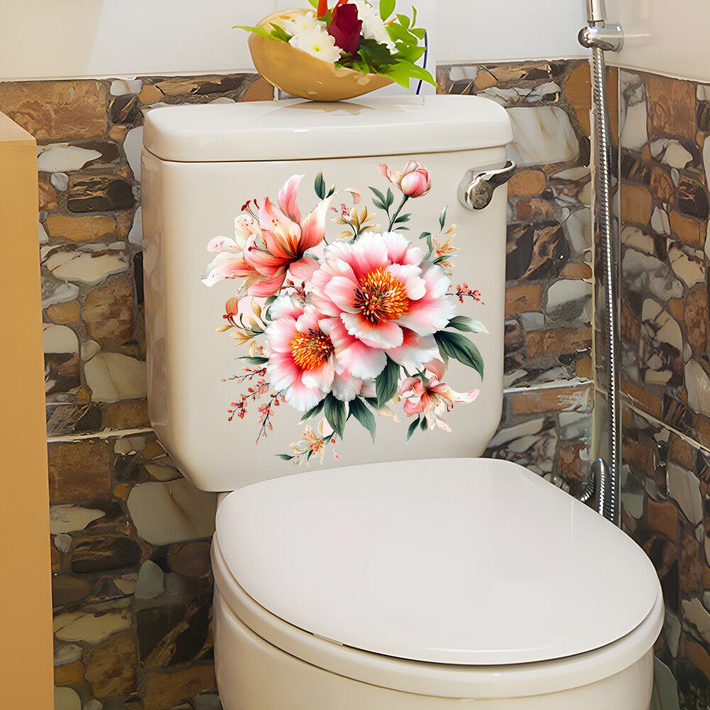 自粘马桶贴纸画防水掀盖贴卫生间洗手间装饰可移除百合牡丹花图案