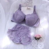 大码 大胸显小聚拢防下垂法式 性感调整型内衣 薄款 紫色蕾丝文胸套装