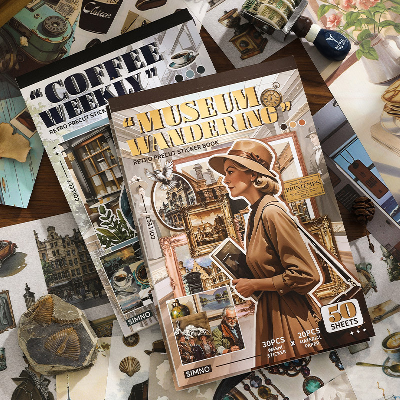 芯陌 慢享生活贴纸本 复古人物古董物件手帐造景装饰打底素材贴画