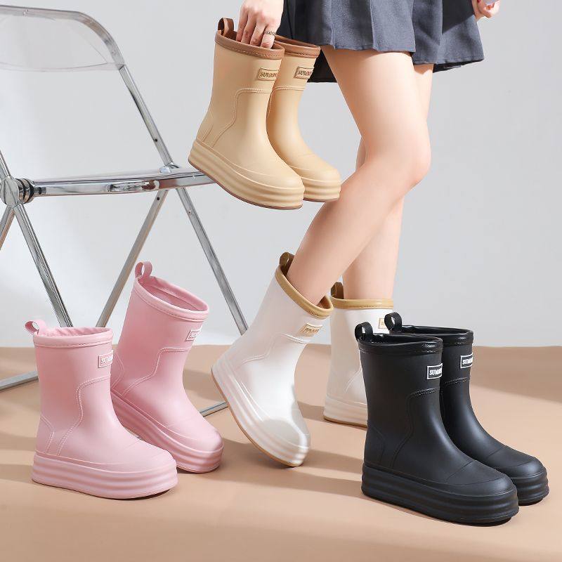 休闲厚底雨鞋女士防滑加绒保暖中筒雨靴时尚款百搭多色青年防水鞋