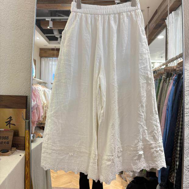白色全棉松紧腰花边拼接阔腿裤女2026年春款打底裙裤日系复古长裤