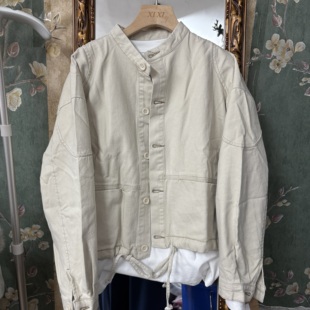 特价棉调892正品文艺风竖立领米白色下摆抽绳短外套女小个子显瘦