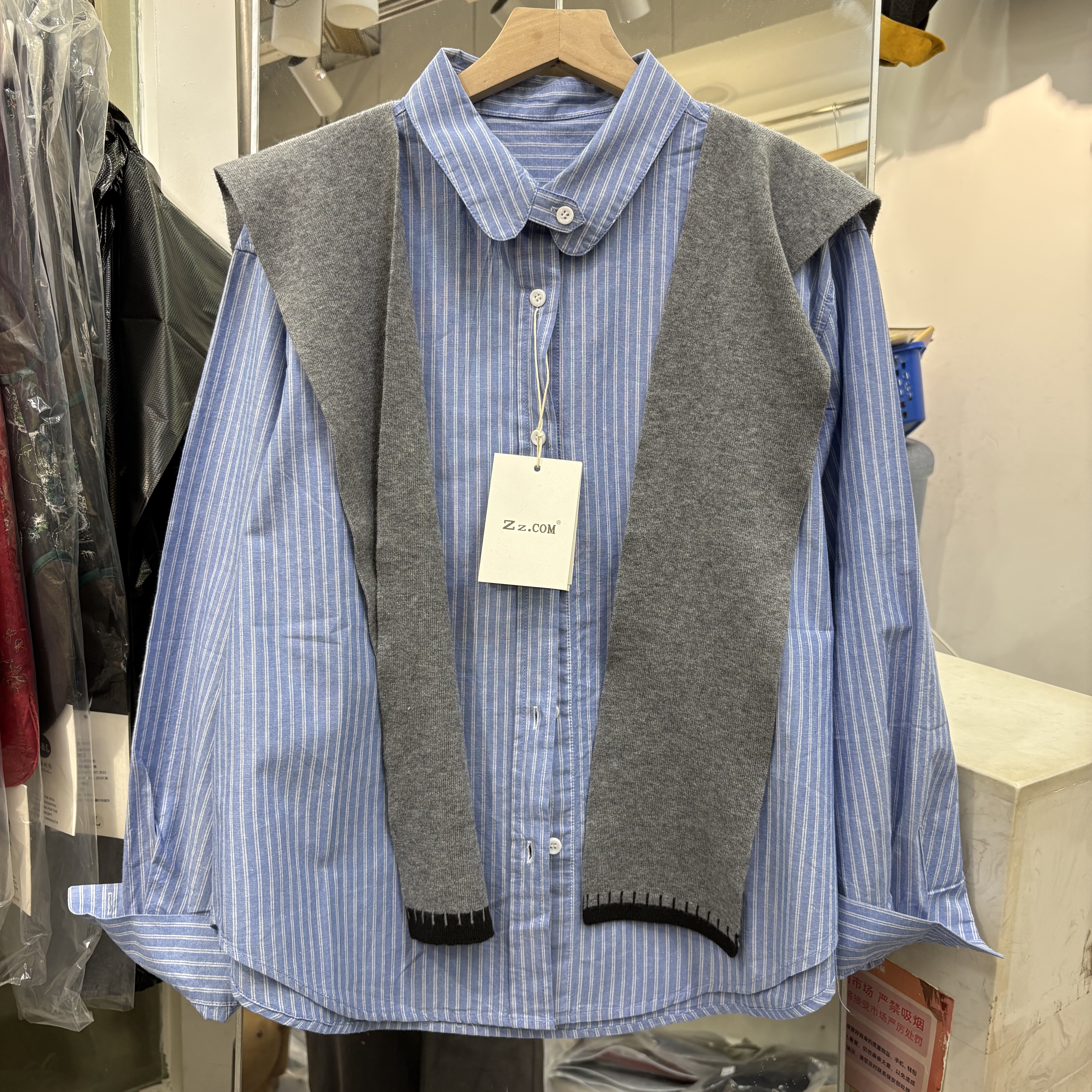 zz.com6195正版娃娃翻领慵懒风蓝色竖条纹宽松披肩衬衫女时尚上衣,女装/女士精品,衬衫,淘宝优惠券,粉丝福利购,淘宝优惠卷