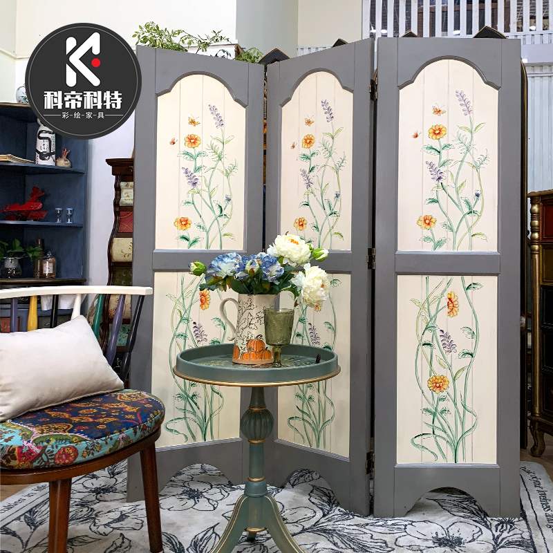 美式田园屏风实木折叠可移动隔断客厅茶室背景墙民宿三折屏遮特价